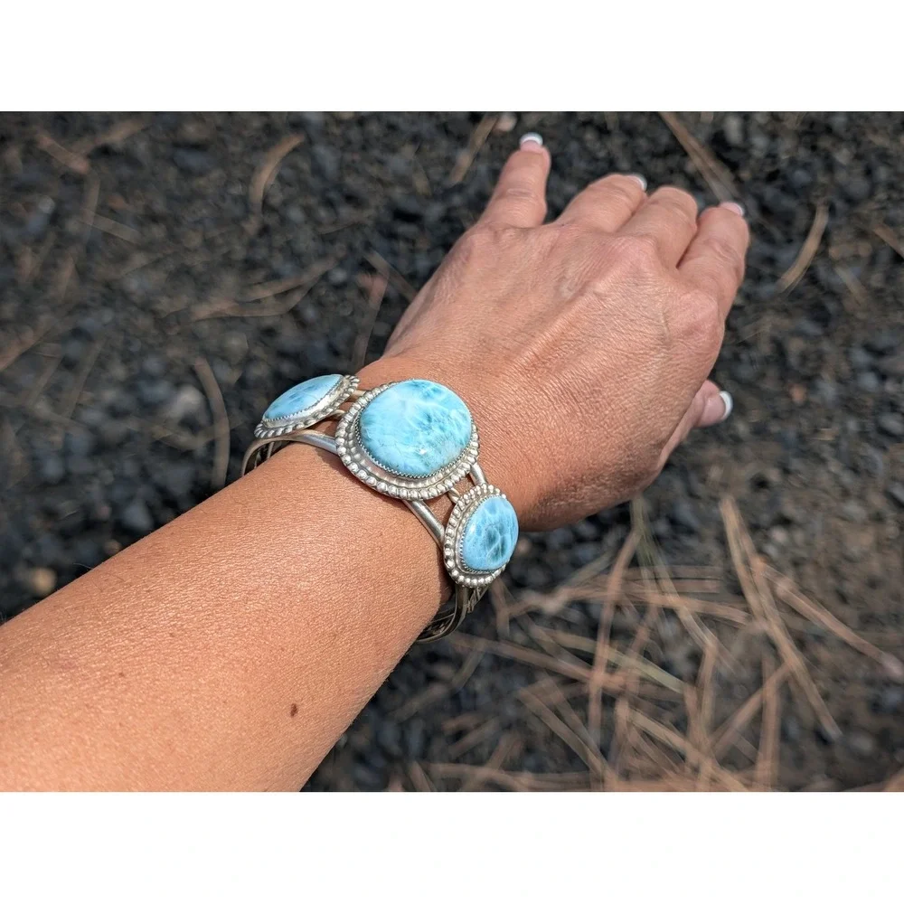 Handmade Larimar Statement Cuff Bracelet in Sterling Silver Unique Jewelry Gift* - Picture 7 of 10